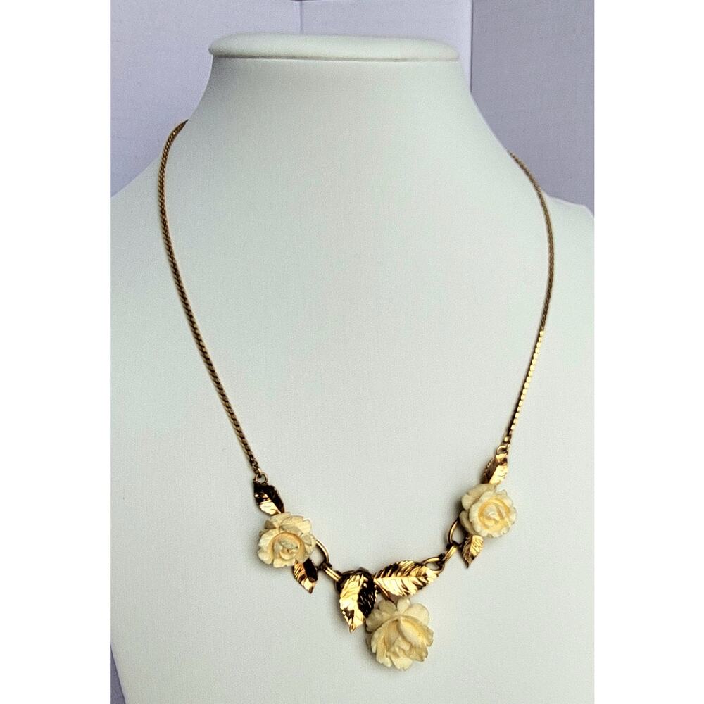 Vintage 1950s Van Dell Designer 12k Gold Filled Ivory Rose Necklace
